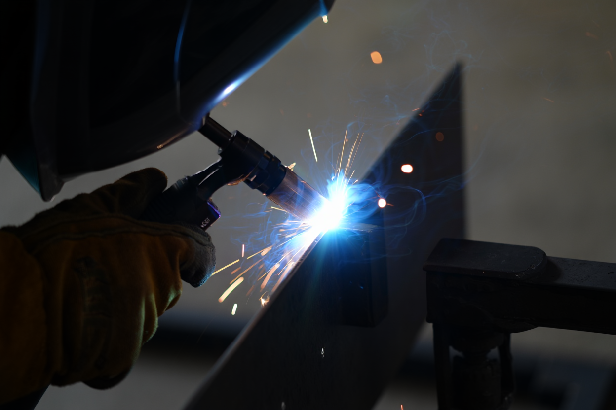 Close-up of a welder performing precision welding on a steel component